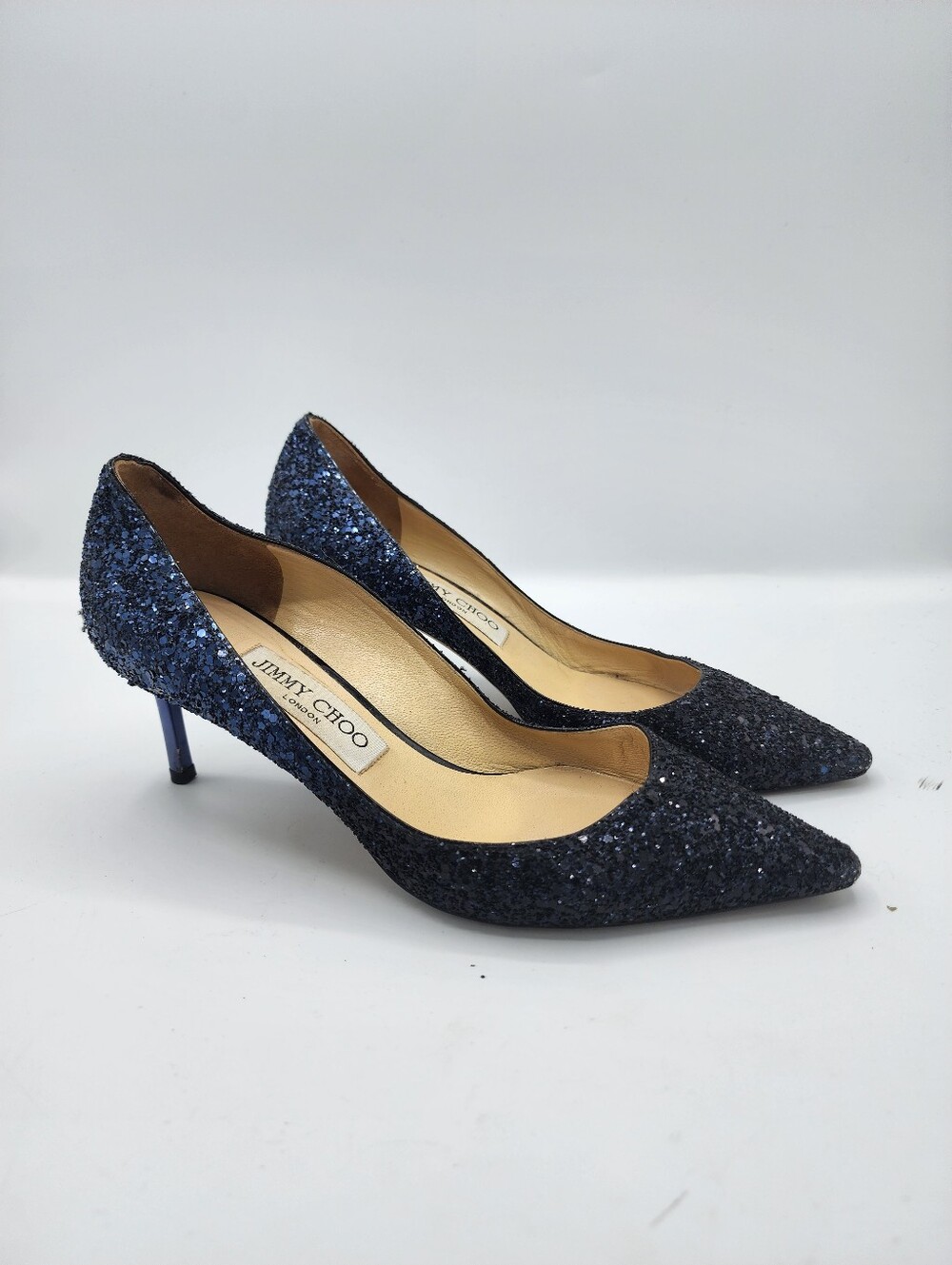 Jimmy Choo Navy Blue Glitter Pointed-Toe Pumps